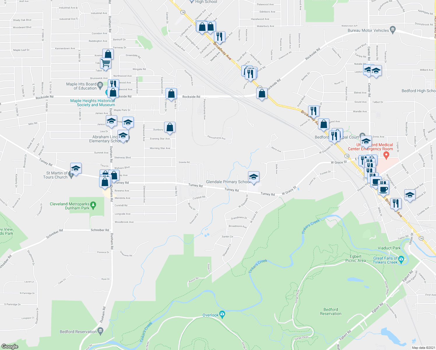 map of restaurants, bars, coffee shops, grocery stores, and more near 558 Turney Road in Bedford