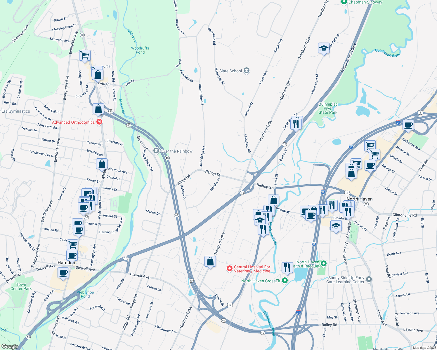 map of restaurants, bars, coffee shops, grocery stores, and more near 80 Bishop Street in North Haven