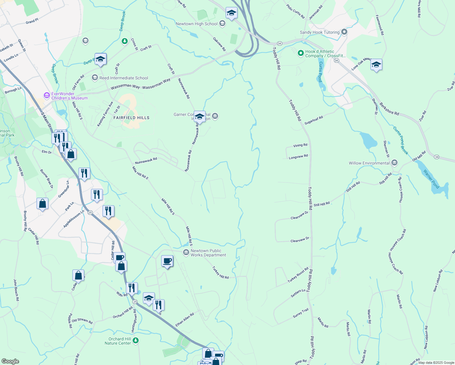 map of restaurants, bars, coffee shops, grocery stores, and more near 16 Carol Ann Drive in Newtown
