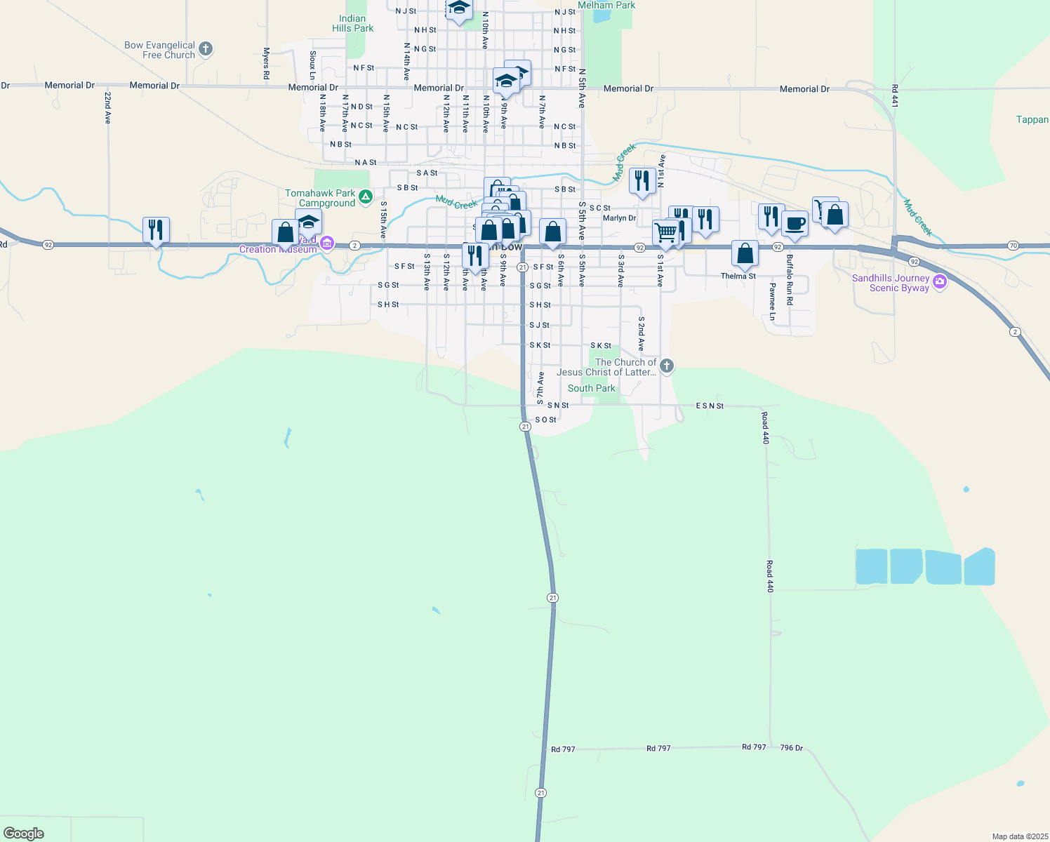 map of restaurants, bars, coffee shops, grocery stores, and more near 728 S O St in Broken Bow