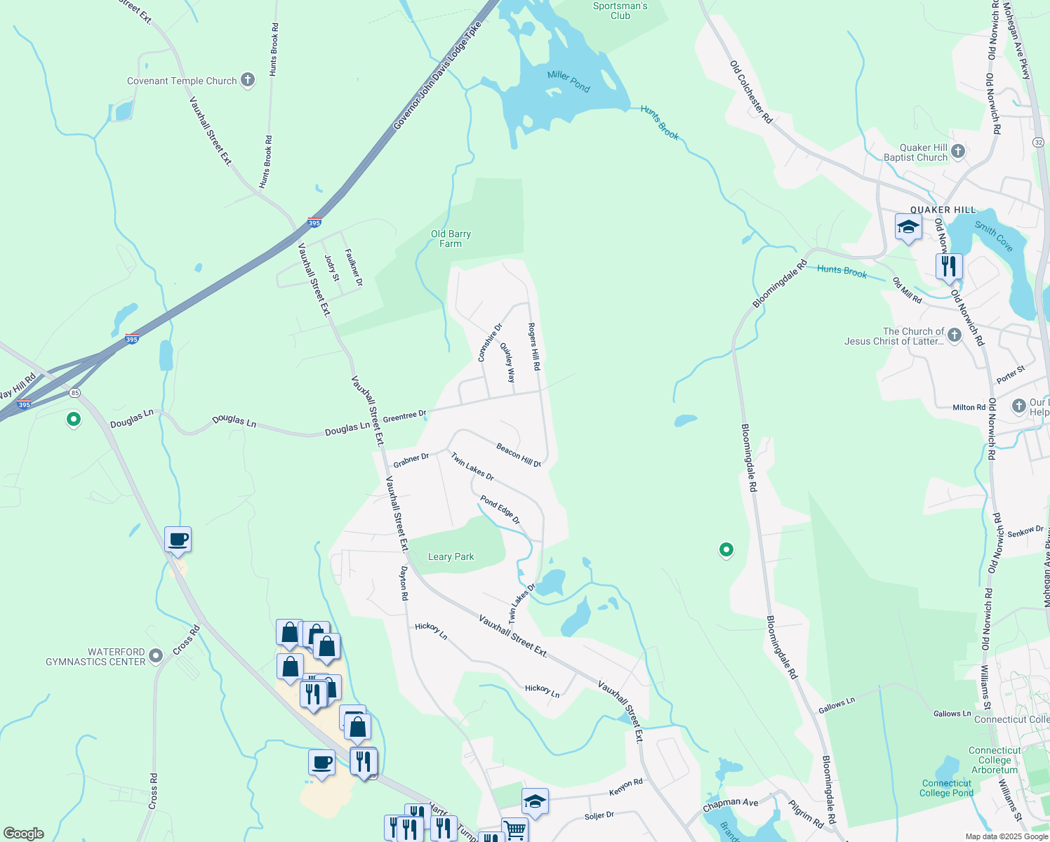 map of restaurants, bars, coffee shops, grocery stores, and more near 7 Farmstead Ln in Waterford