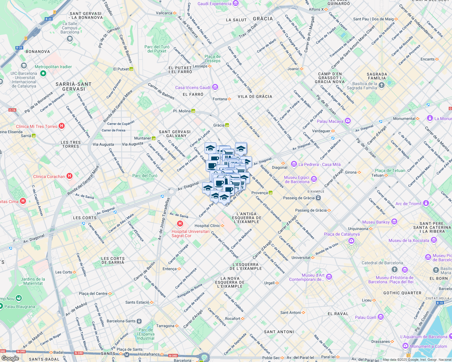 map of restaurants, bars, coffee shops, grocery stores, and more near 192 Carrer d'Aribau in Barcelona