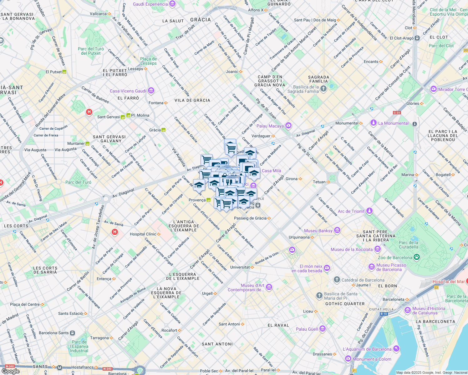 map of restaurants, bars, coffee shops, grocery stores, and more near 77 Passeig de Gràcia in Barcelona