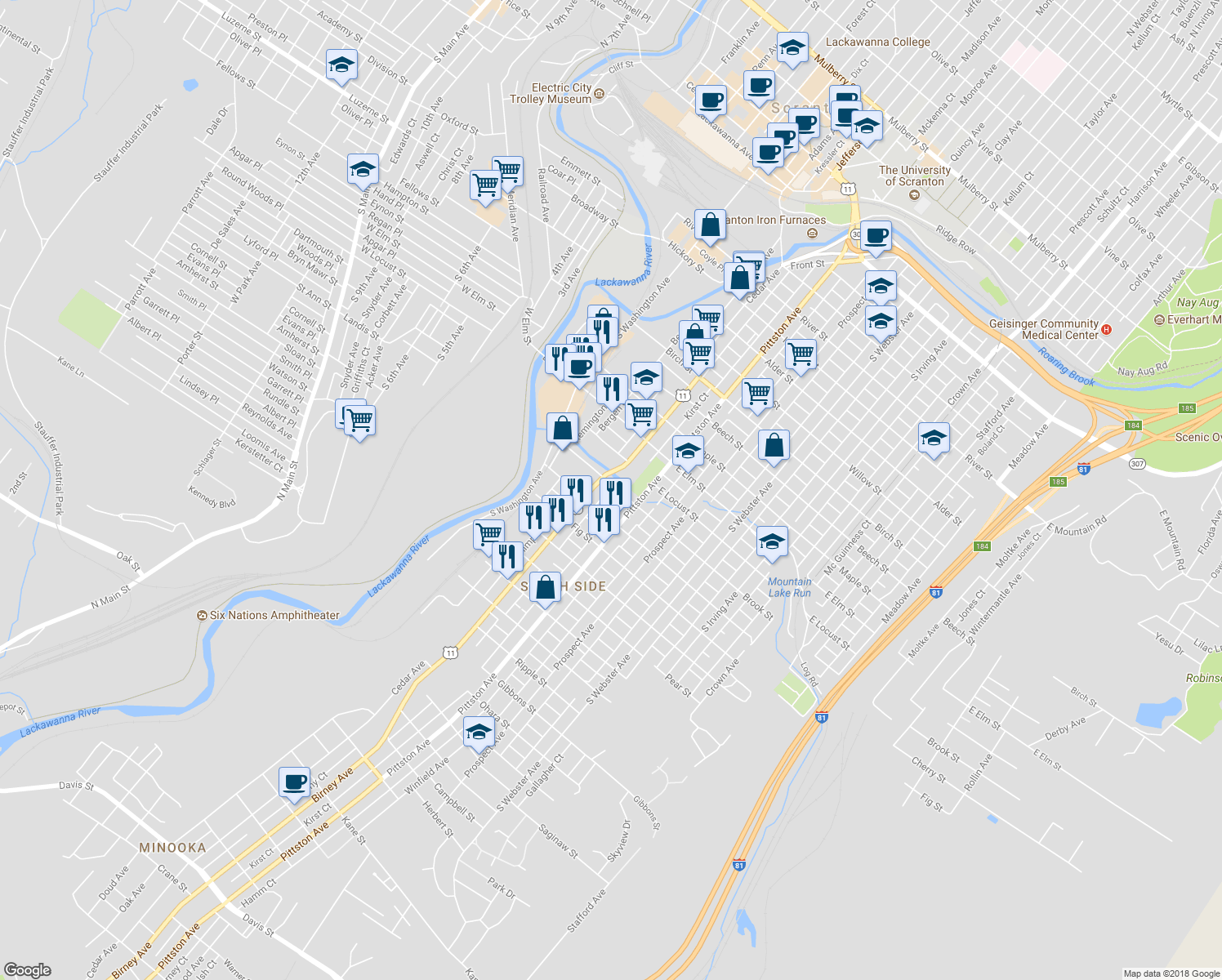 map of restaurants, bars, coffee shops, grocery stores, and more near 416 Brook Street in Scranton