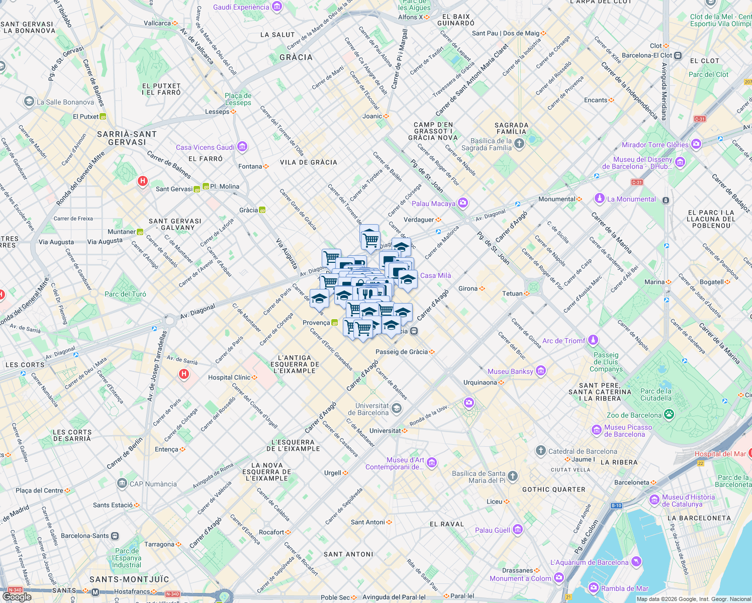 map of restaurants, bars, coffee shops, grocery stores, and more near 77 Passeig de Gràcia in Barcelona
