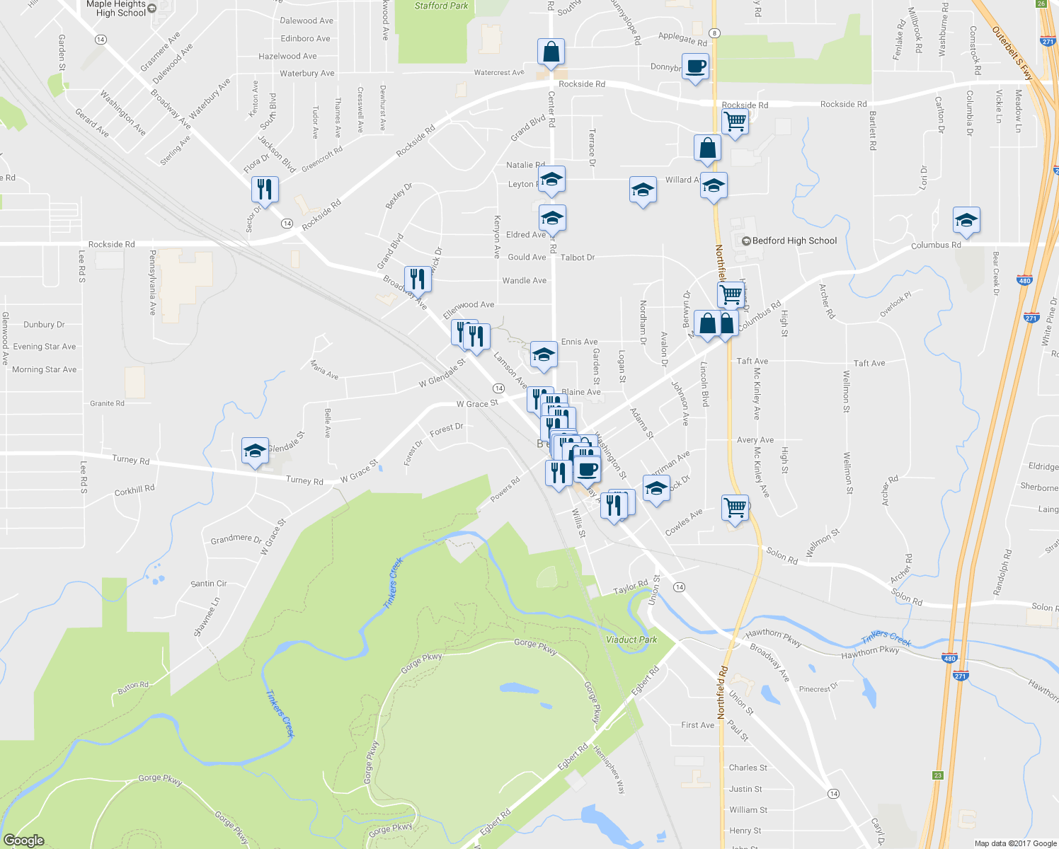 map of restaurants, bars, coffee shops, grocery stores, and more near 580 Broadway Ave in Bedford