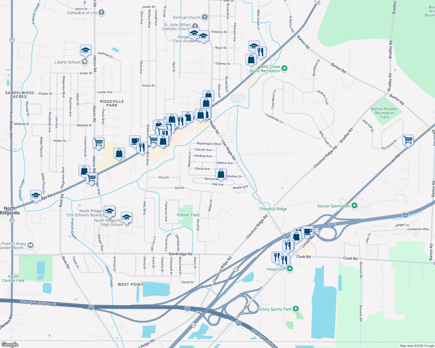 map of restaurants, bars, coffee shops, grocery stores, and more near 6567 Jefferson Ave in North Ridgeville