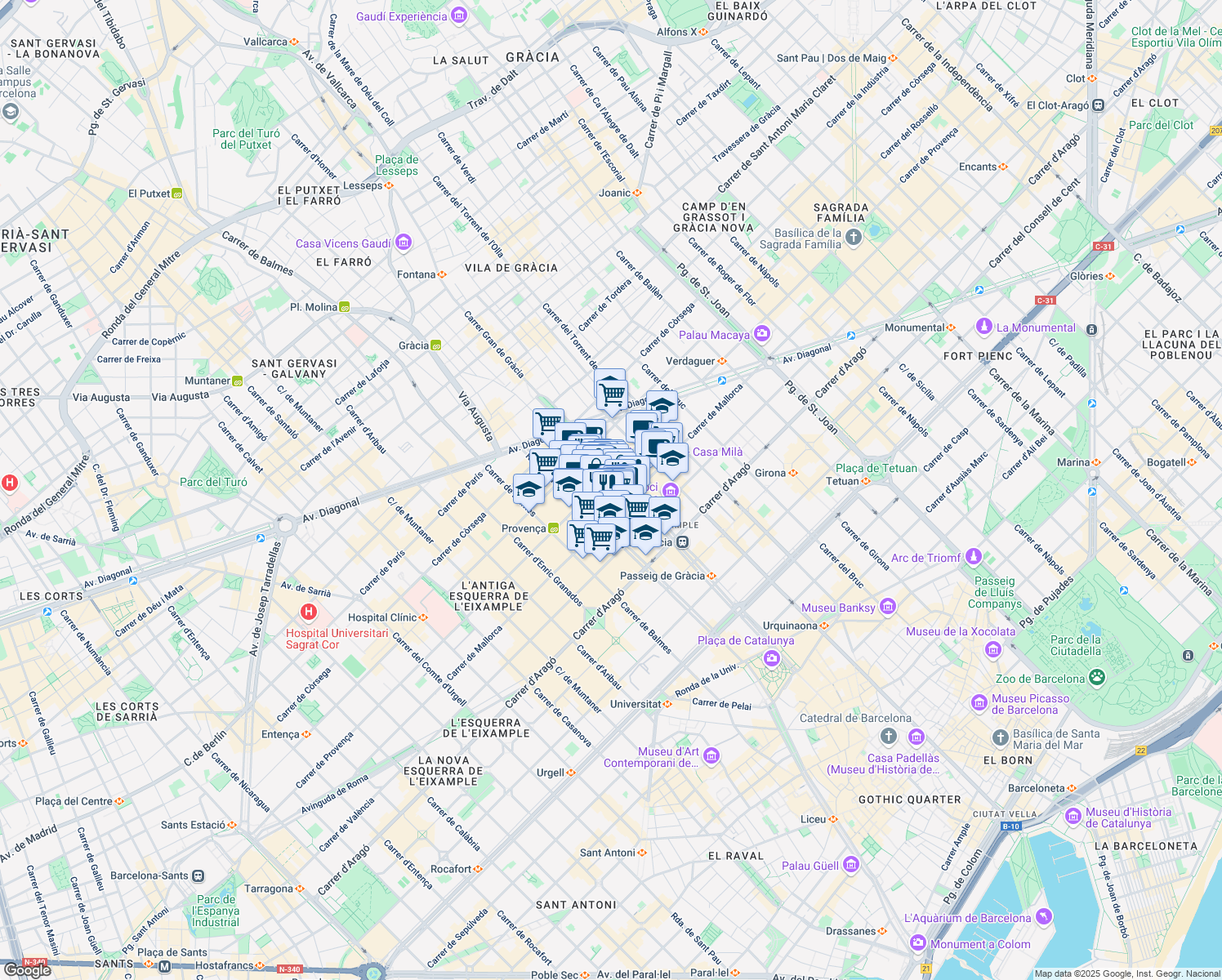 map of restaurants, bars, coffee shops, grocery stores, and more near 83 Passeig de Gràcia in Barcelona
