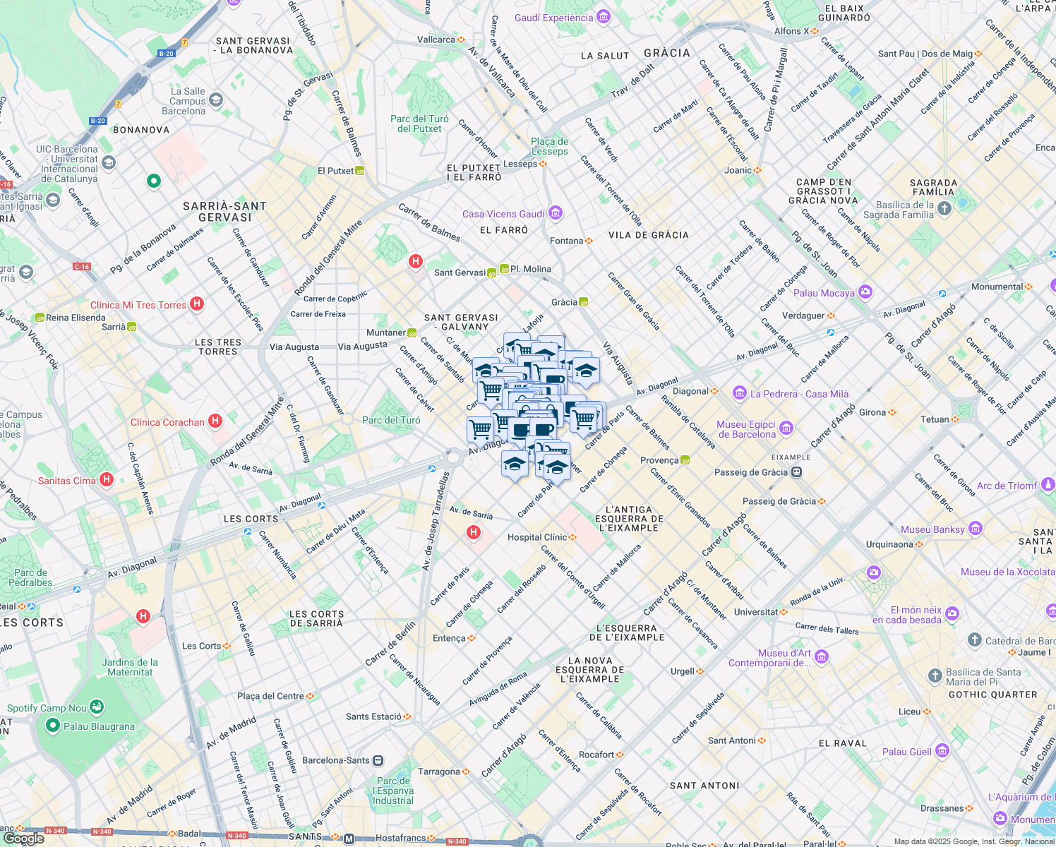 map of restaurants, bars, coffee shops, grocery stores, and more near 570 Avinguda Diagonal in Barcelona