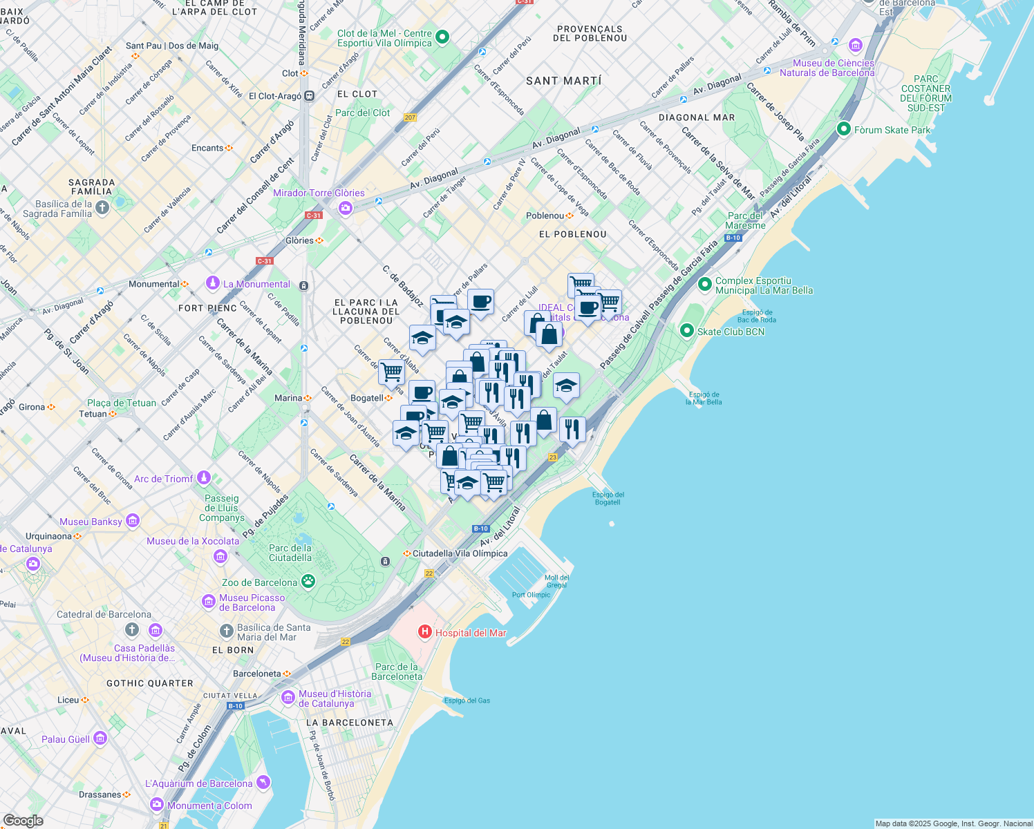 map of restaurants, bars, coffee shops, grocery stores, and more near 211 Avinguda d'Icària in Barcelona