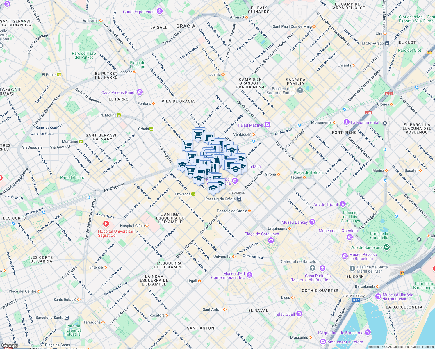 map of restaurants, bars, coffee shops, grocery stores, and more near 88 Passeig de Gràcia in Barcelona