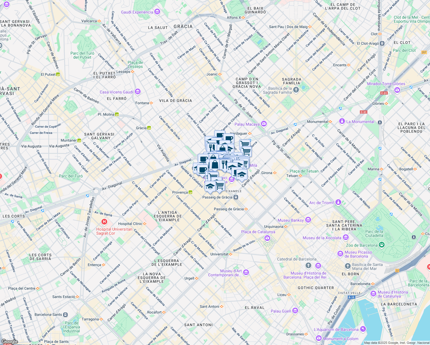 map of restaurants, bars, coffee shops, grocery stores, and more near 88 Passeig de Gràcia in Barcelona