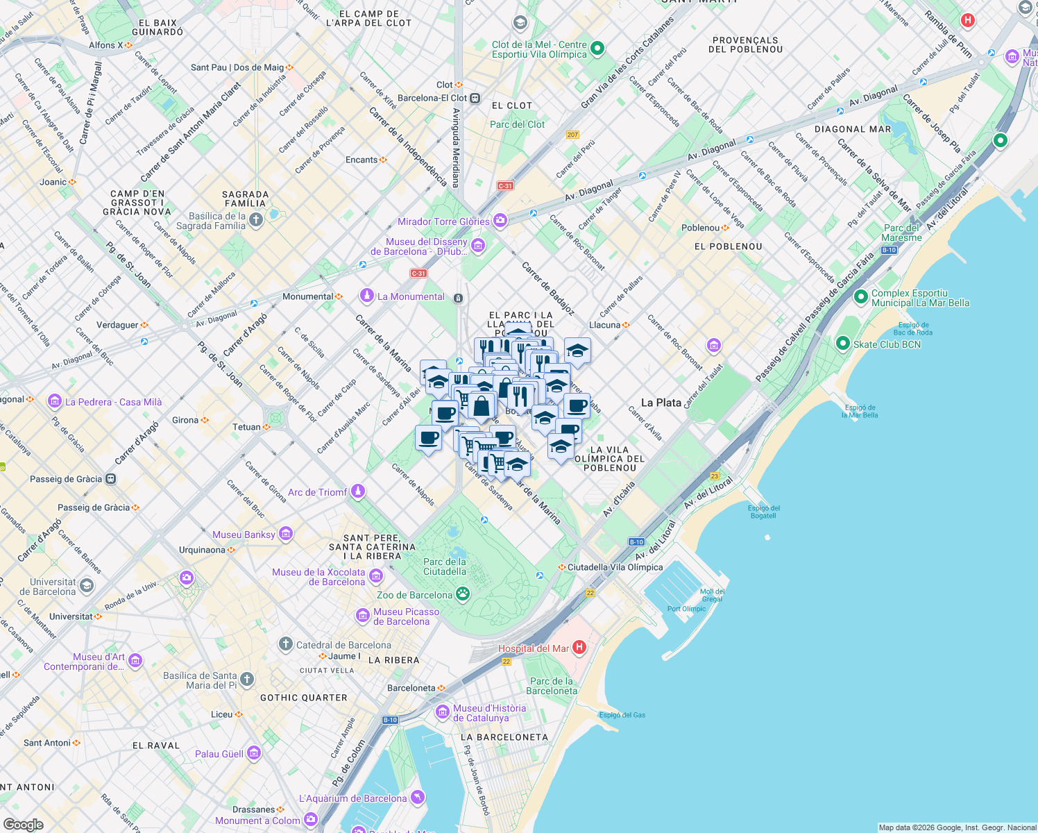 map of restaurants, bars, coffee shops, grocery stores, and more near 73 Carrer de Zamora in Barcelona