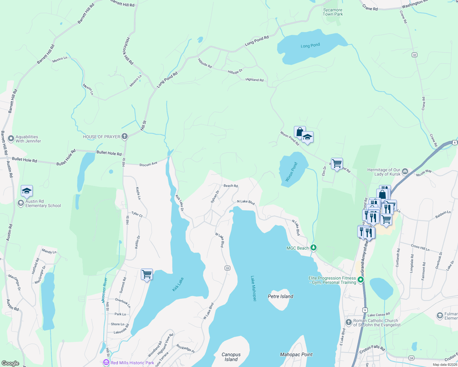 map of restaurants, bars, coffee shops, grocery stores, and more near 546 Beach Road in Mahopac