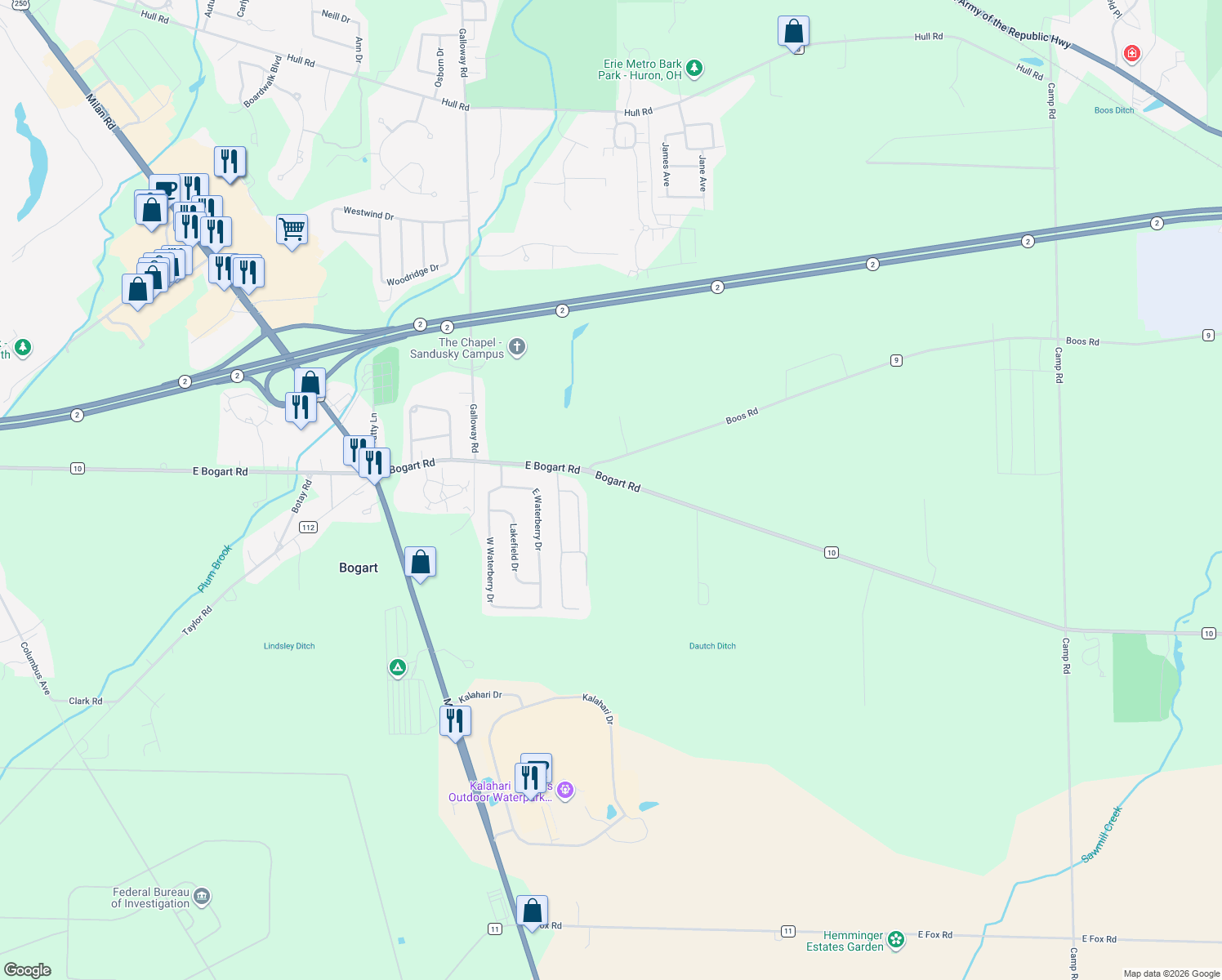 map of restaurants, bars, coffee shops, grocery stores, and more near 4204 Bogart Road in Huron