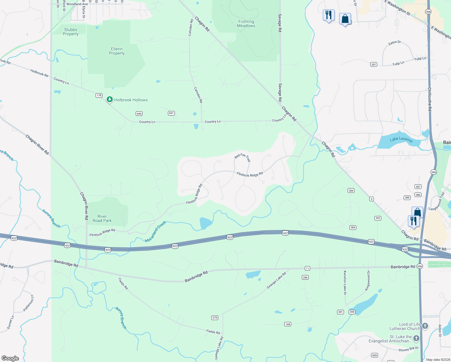 map of restaurants, bars, coffee shops, grocery stores, and more near 17432 Deepview Drive in Chagrin Falls