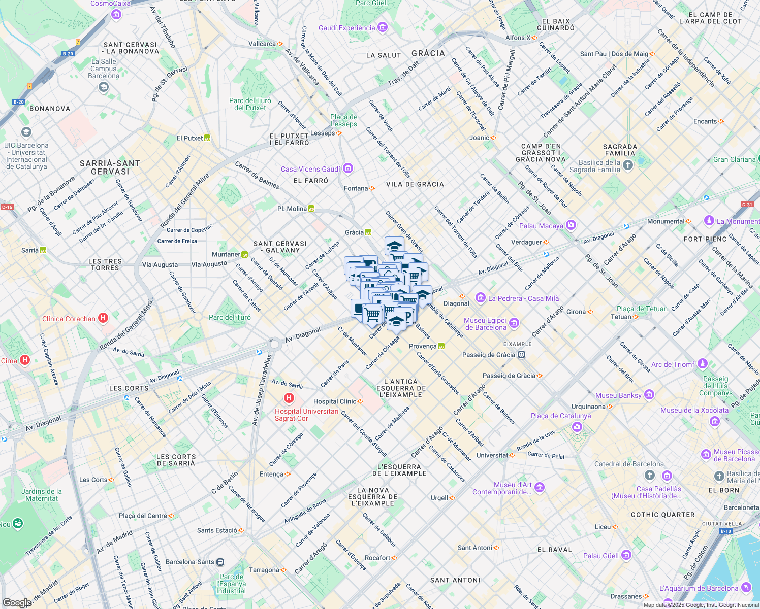 map of restaurants, bars, coffee shops, grocery stores, and more near 514 Avinguda Diagonal in Barcelona