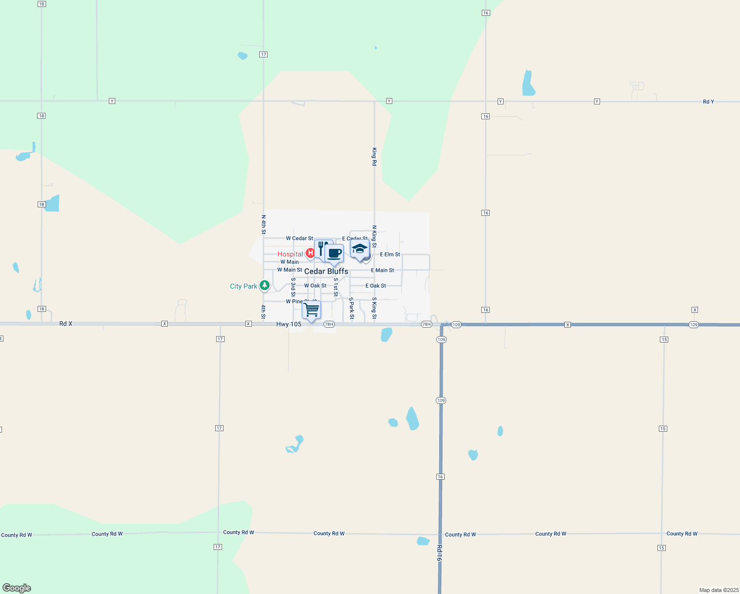 map of restaurants, bars, coffee shops, grocery stores, and more near 205 South King Street in Cedar Bluffs
