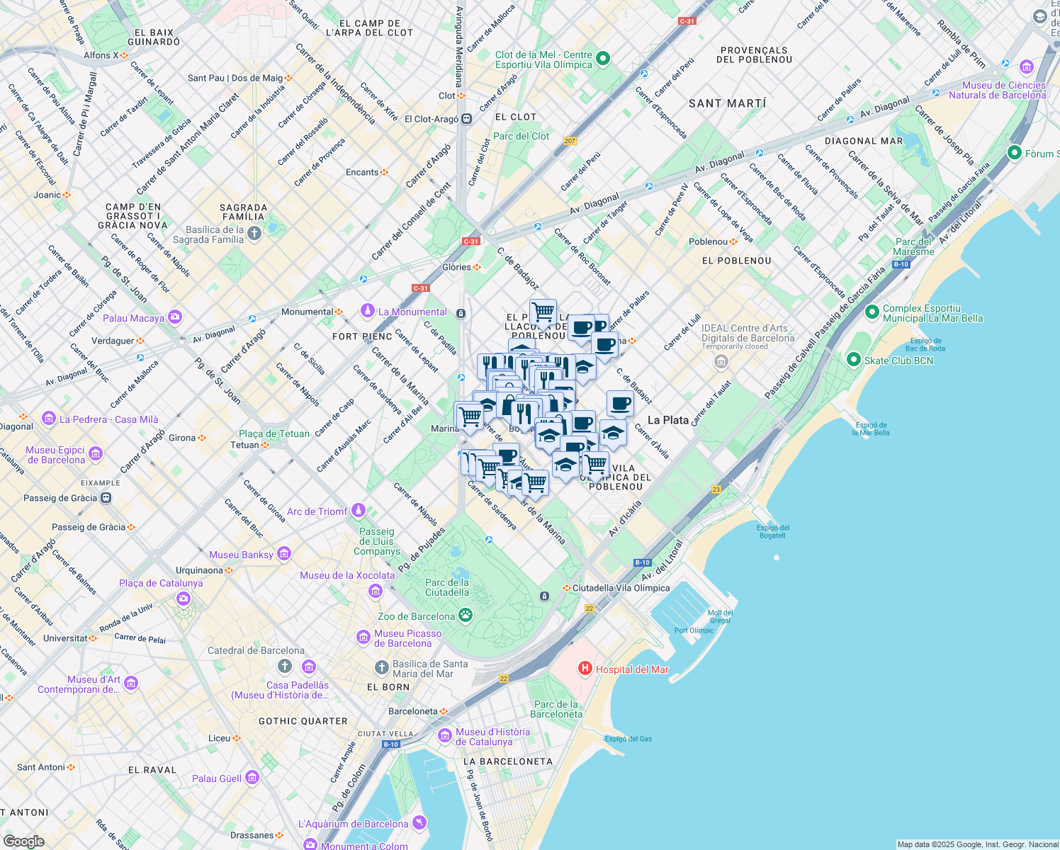 map of restaurants, bars, coffee shops, grocery stores, and more near 70 Carrer de Zamora in Barcelona