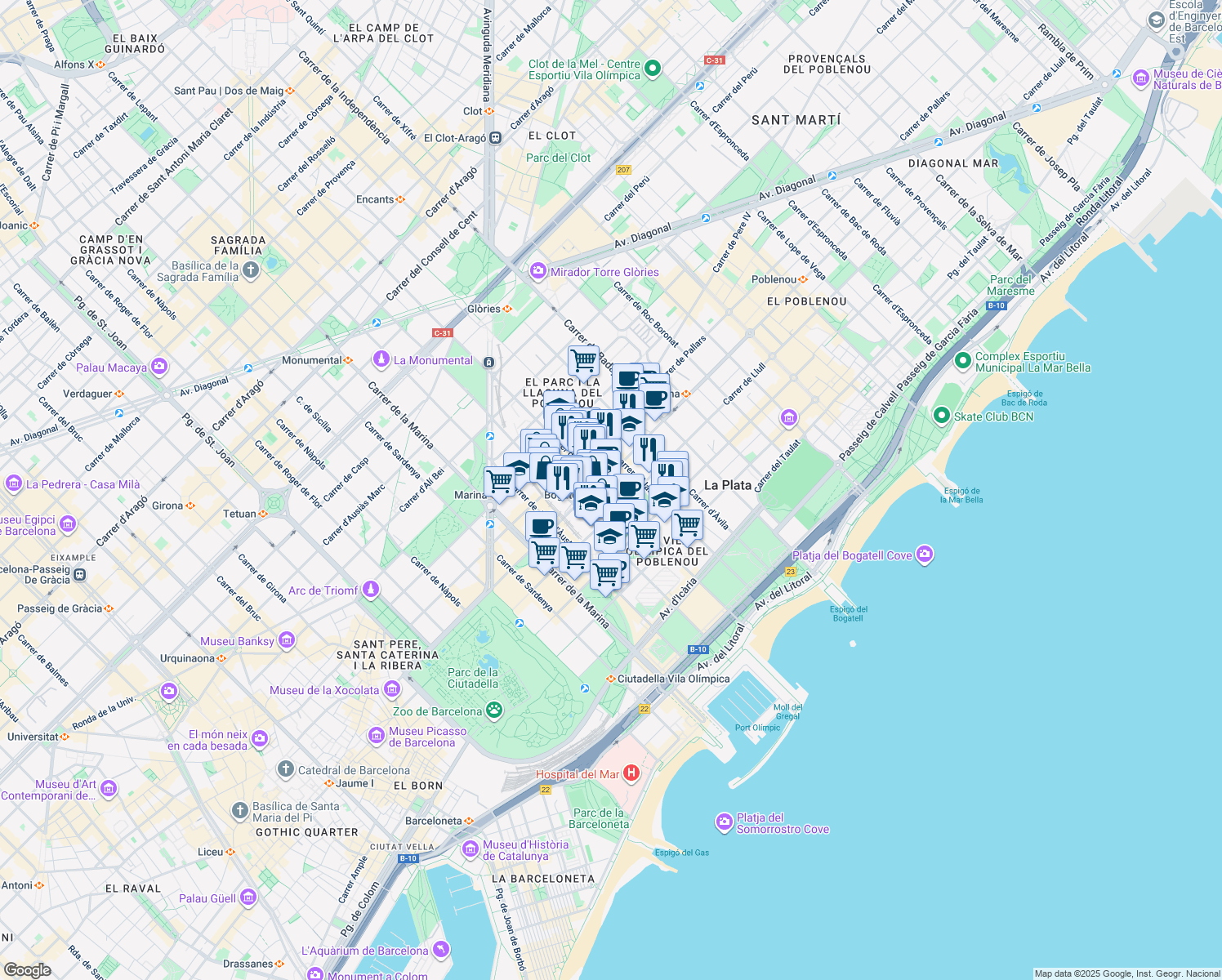 map of restaurants, bars, coffee shops, grocery stores, and more near 64 Carrer de Pamplona in Barcelona