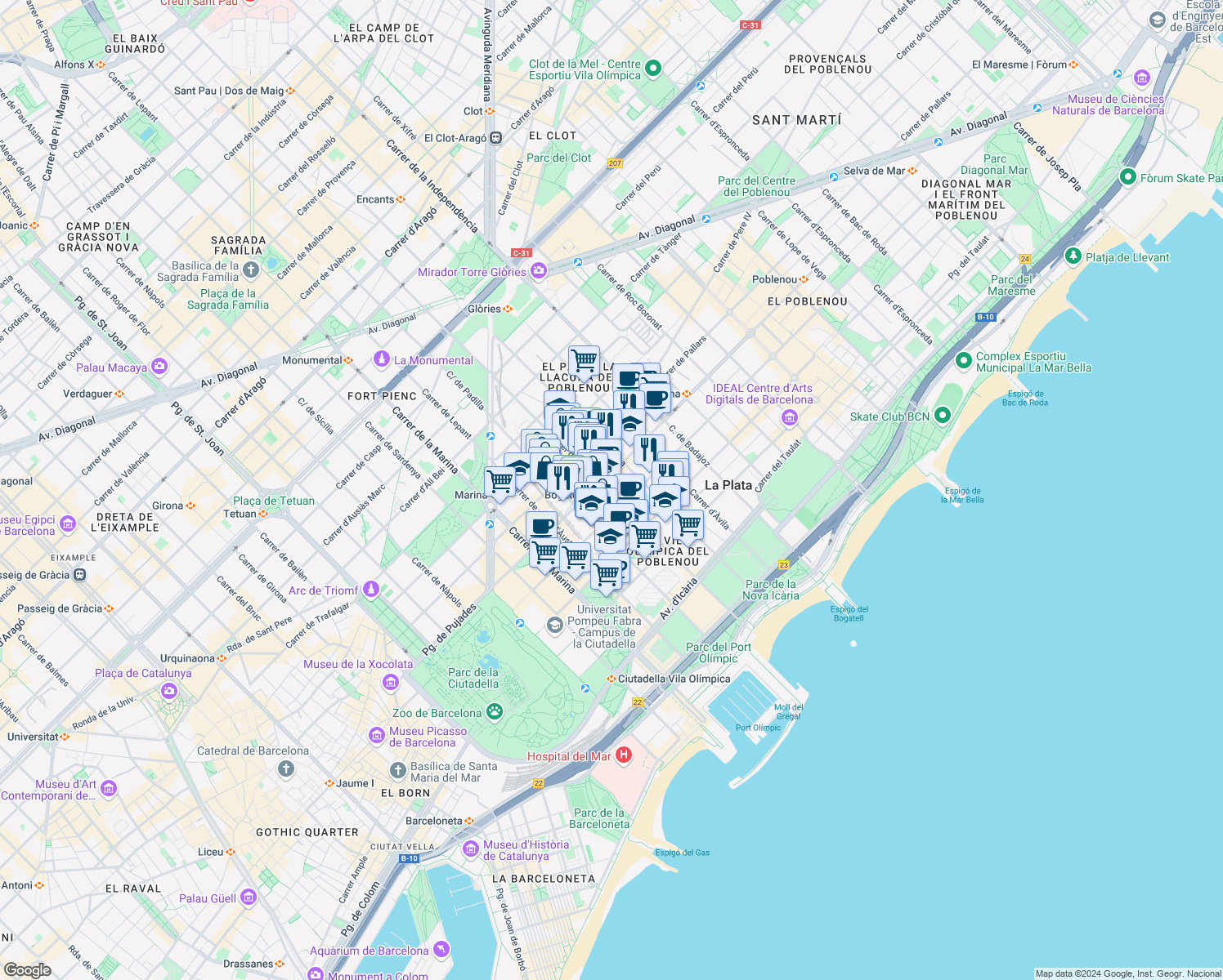 map of restaurants, bars, coffee shops, grocery stores, and more near 64 Carrer de Pamplona in Barcelona