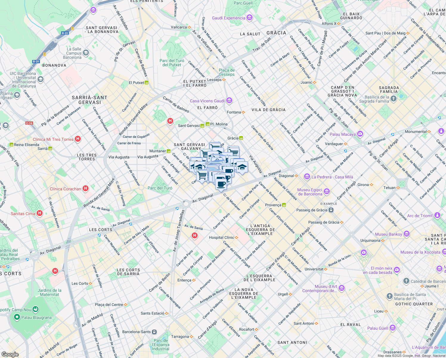 map of restaurants, bars, coffee shops, grocery stores, and more near 197 Carrer d'Aribau in Barcelona