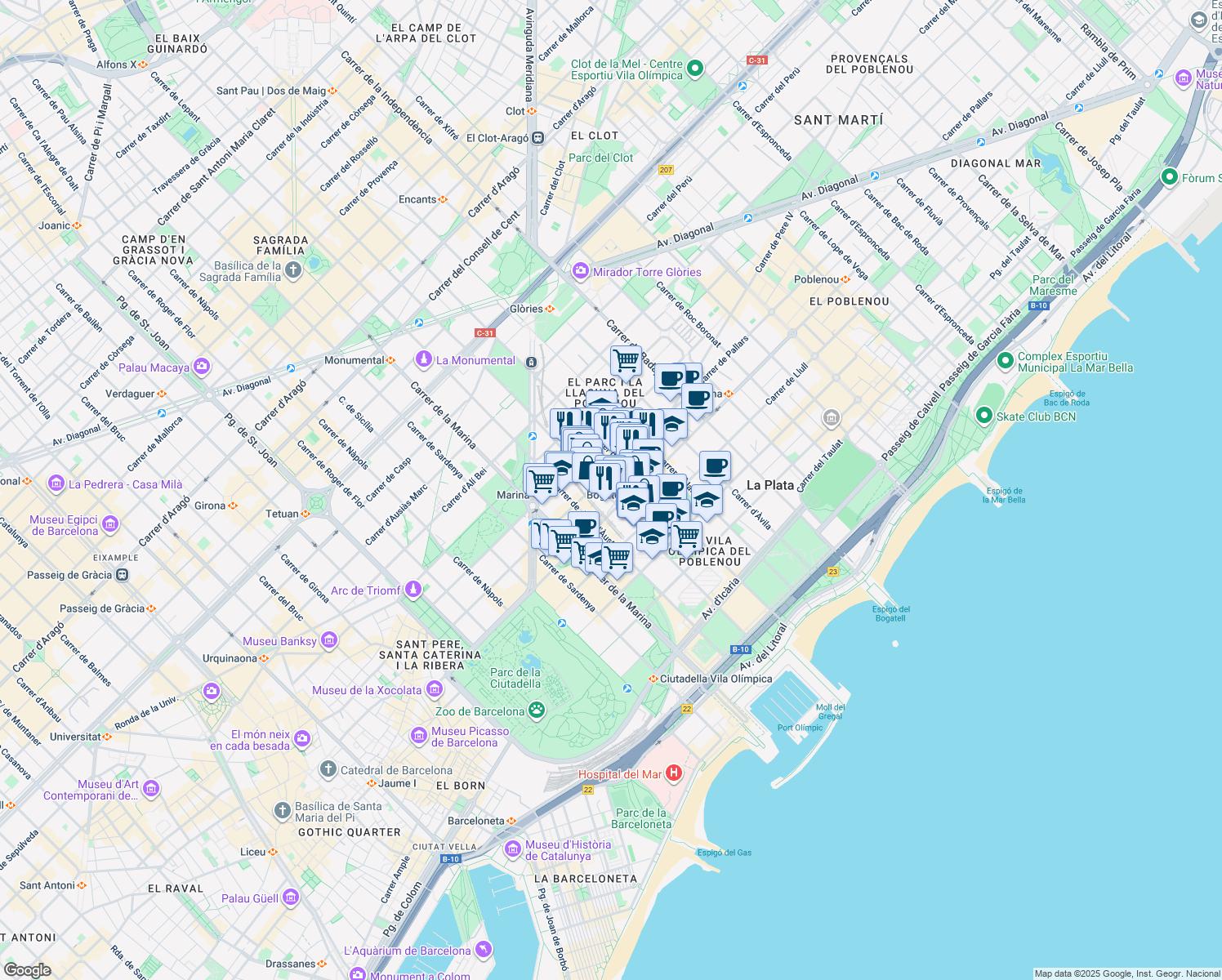 map of restaurants, bars, coffee shops, grocery stores, and more near 70 Carrer de Zamora in Barcelona