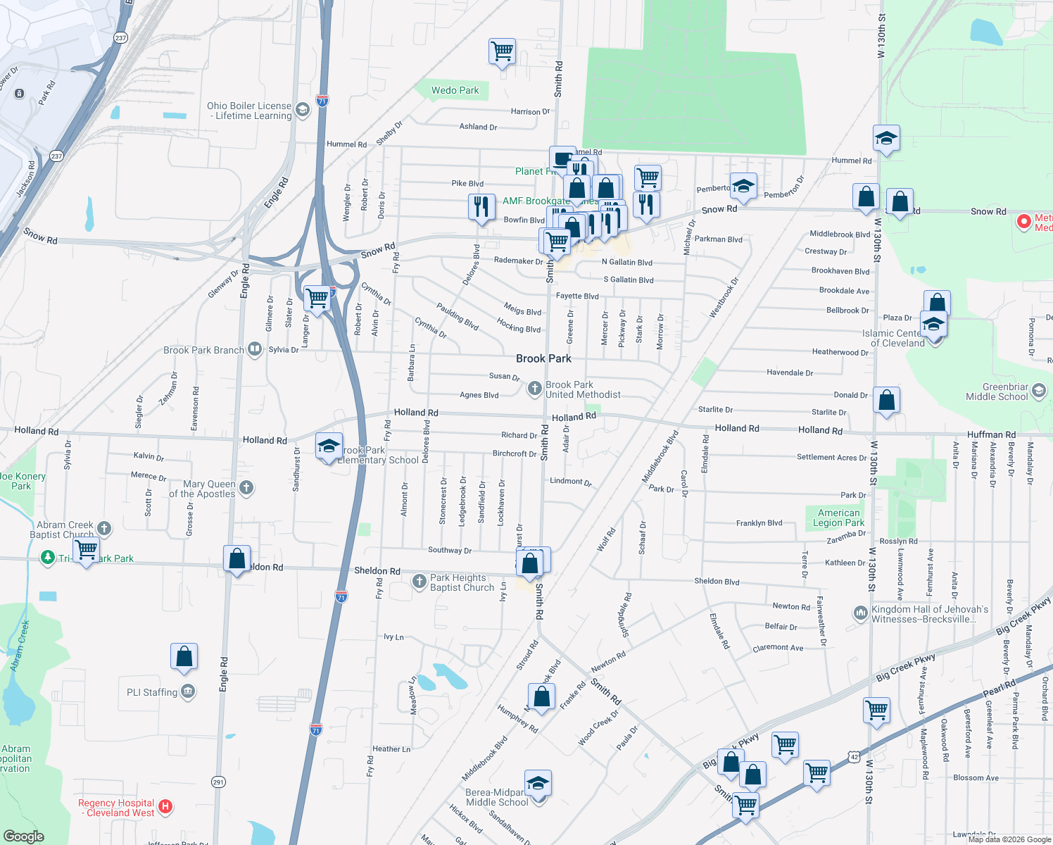 map of restaurants, bars, coffee shops, grocery stores, and more near 15351 Holland Road in Brook Park