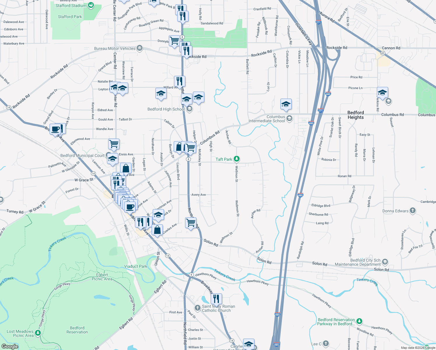 map of restaurants, bars, coffee shops, grocery stores, and more near 759 High St in Bedford