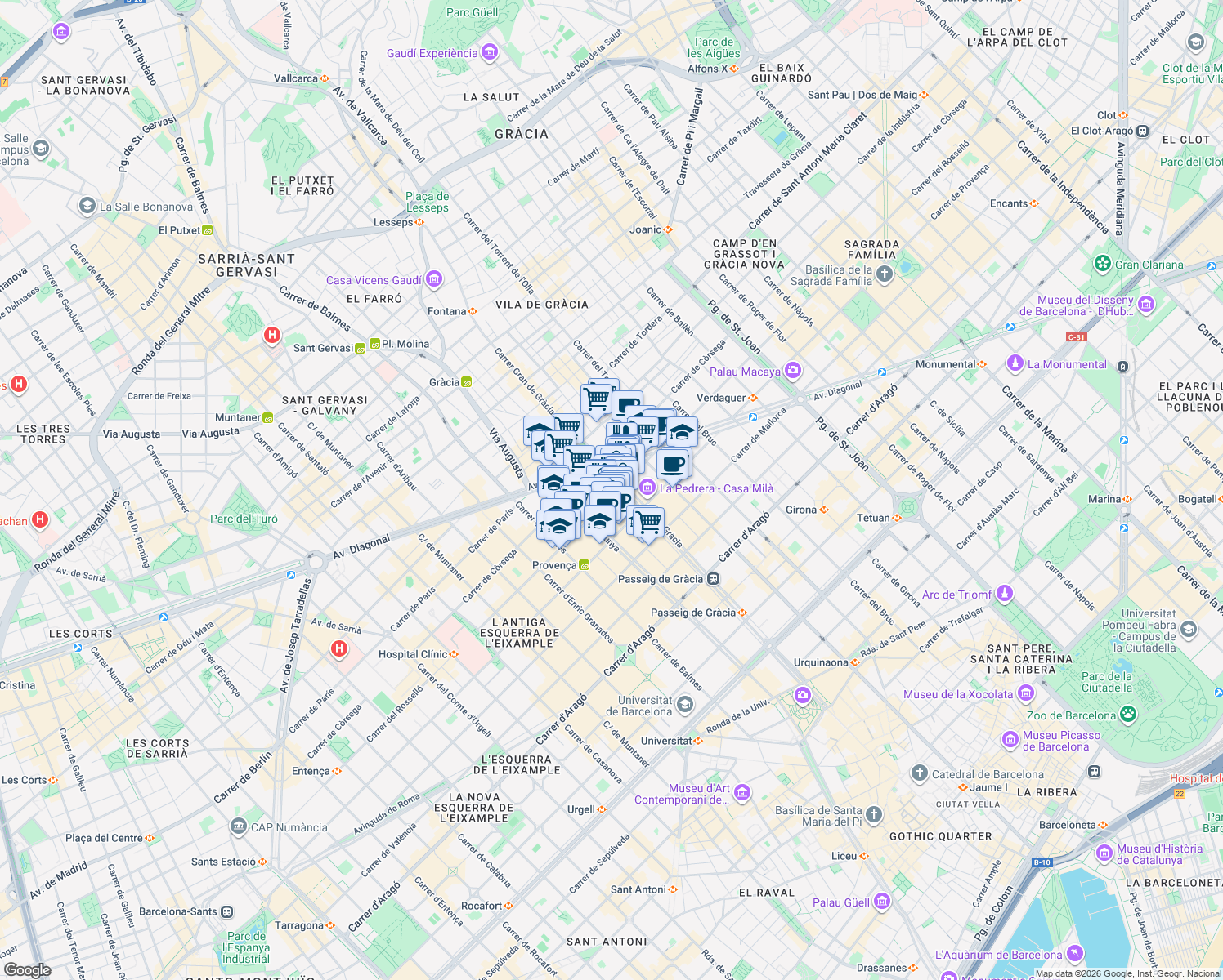 map of restaurants, bars, coffee shops, grocery stores, and more near 101 Passeig de Gràcia in Barcelona