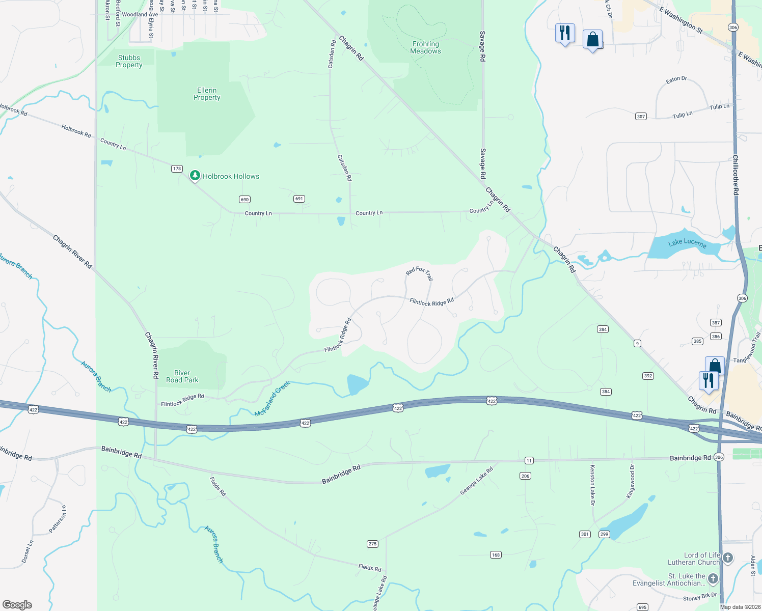 map of restaurants, bars, coffee shops, grocery stores, and more near 17432 Deepview Drive in Chagrin Falls