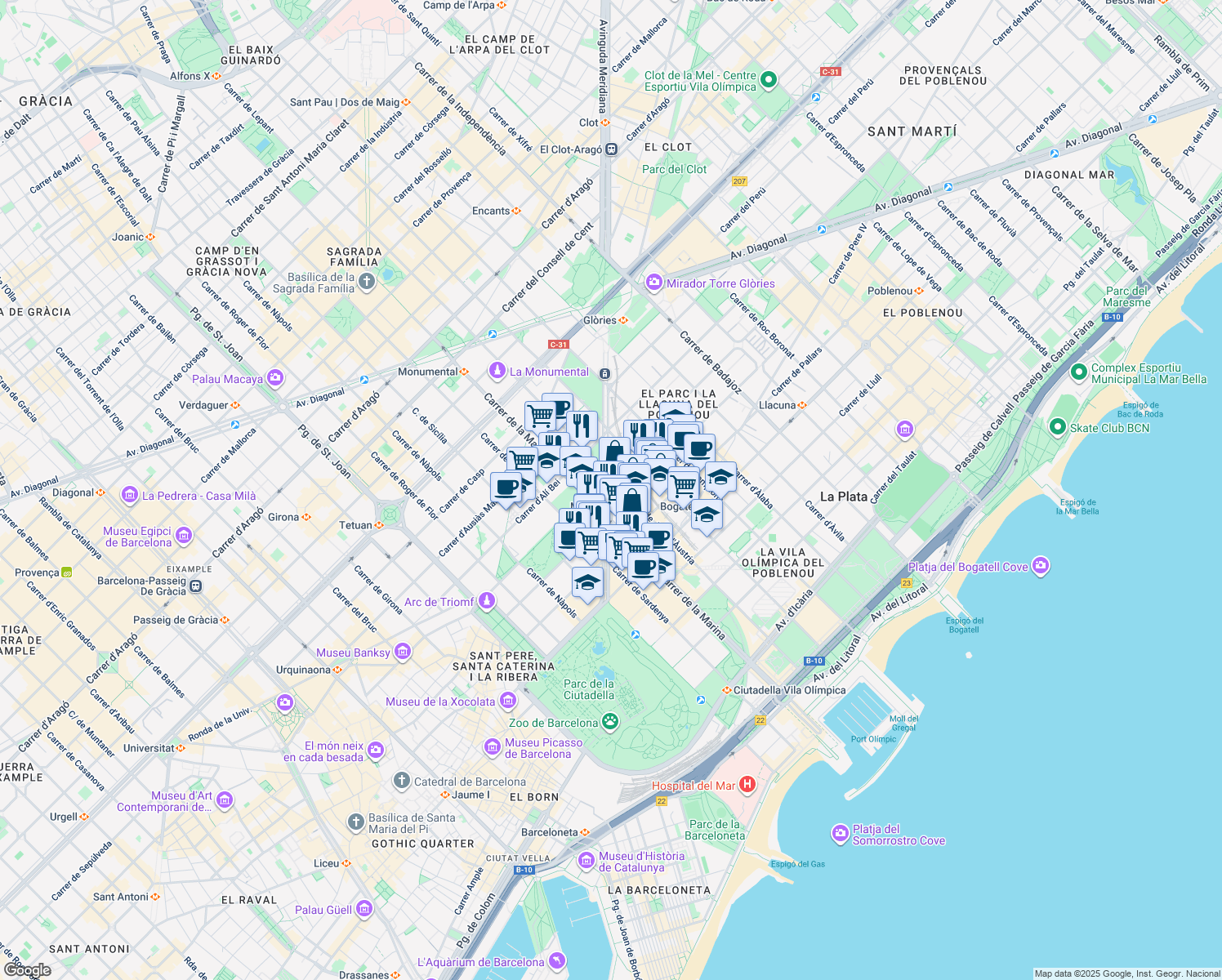 map of restaurants, bars, coffee shops, grocery stores, and more near 38 Avinguda Meridiana in Barcelona