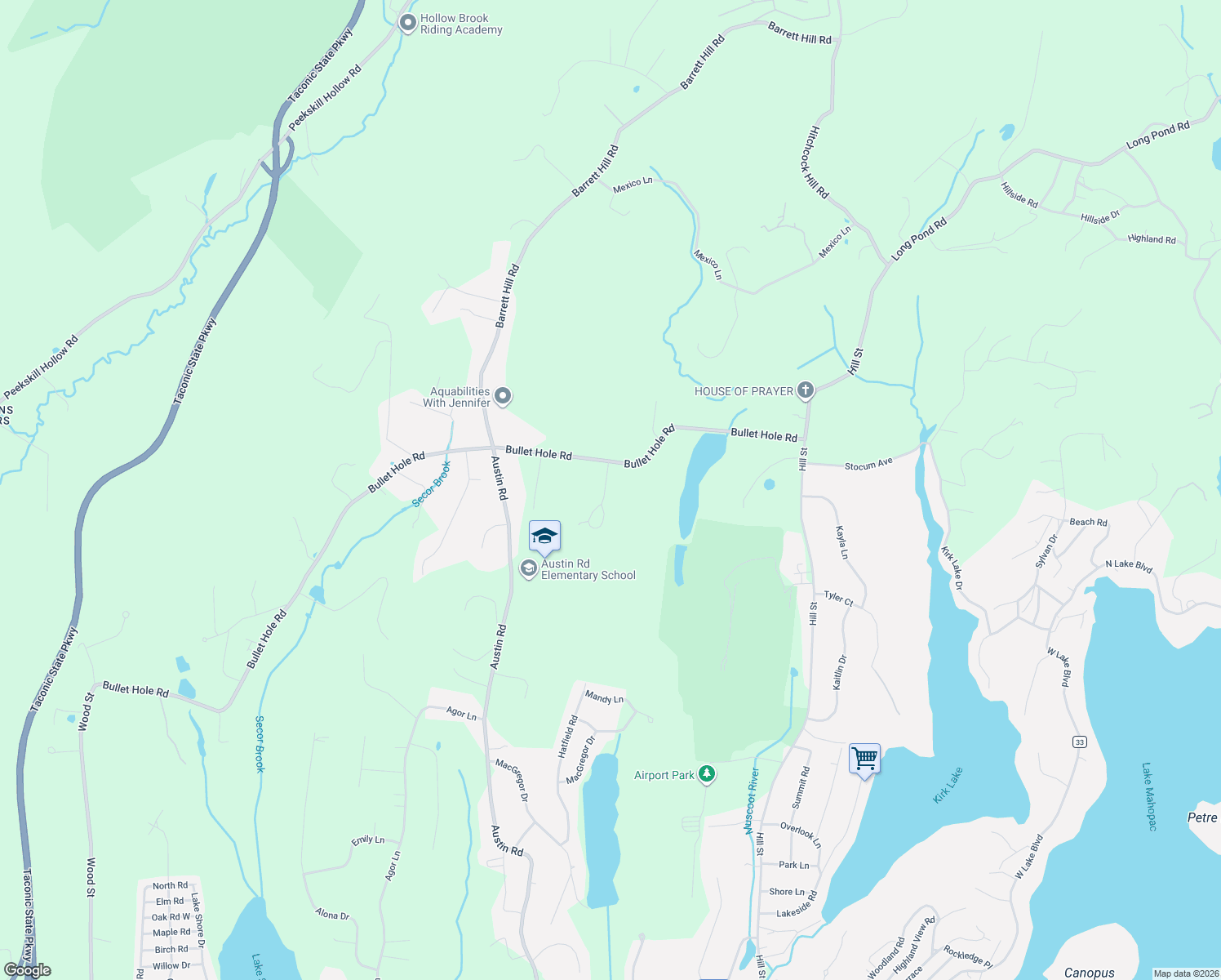 map of restaurants, bars, coffee shops, grocery stores, and more near 704 Woods Brooke Drive in Mahopac