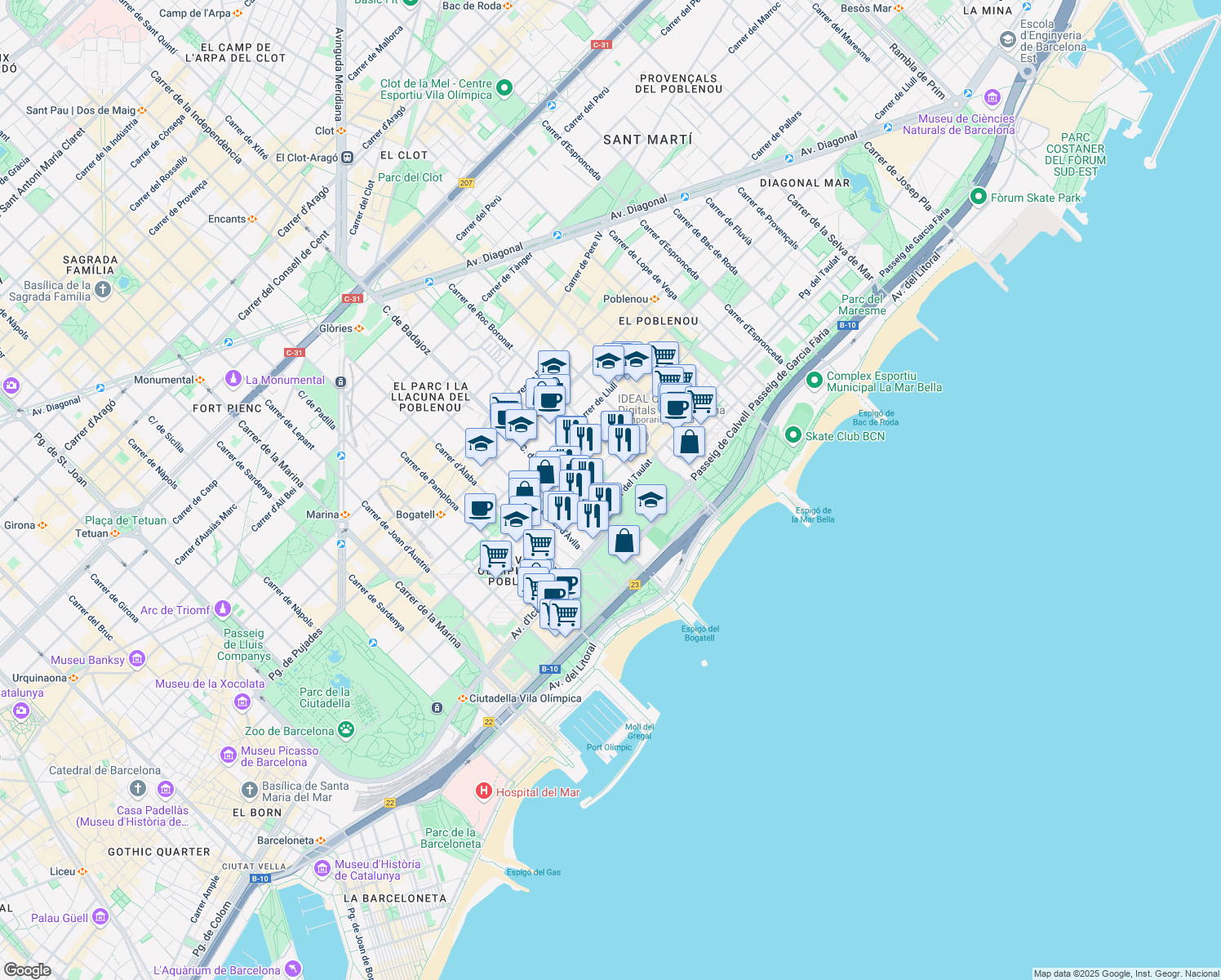 map of restaurants, bars, coffee shops, grocery stores, and more near 8 Carrer de la Ciutat de Granada in Barcelona