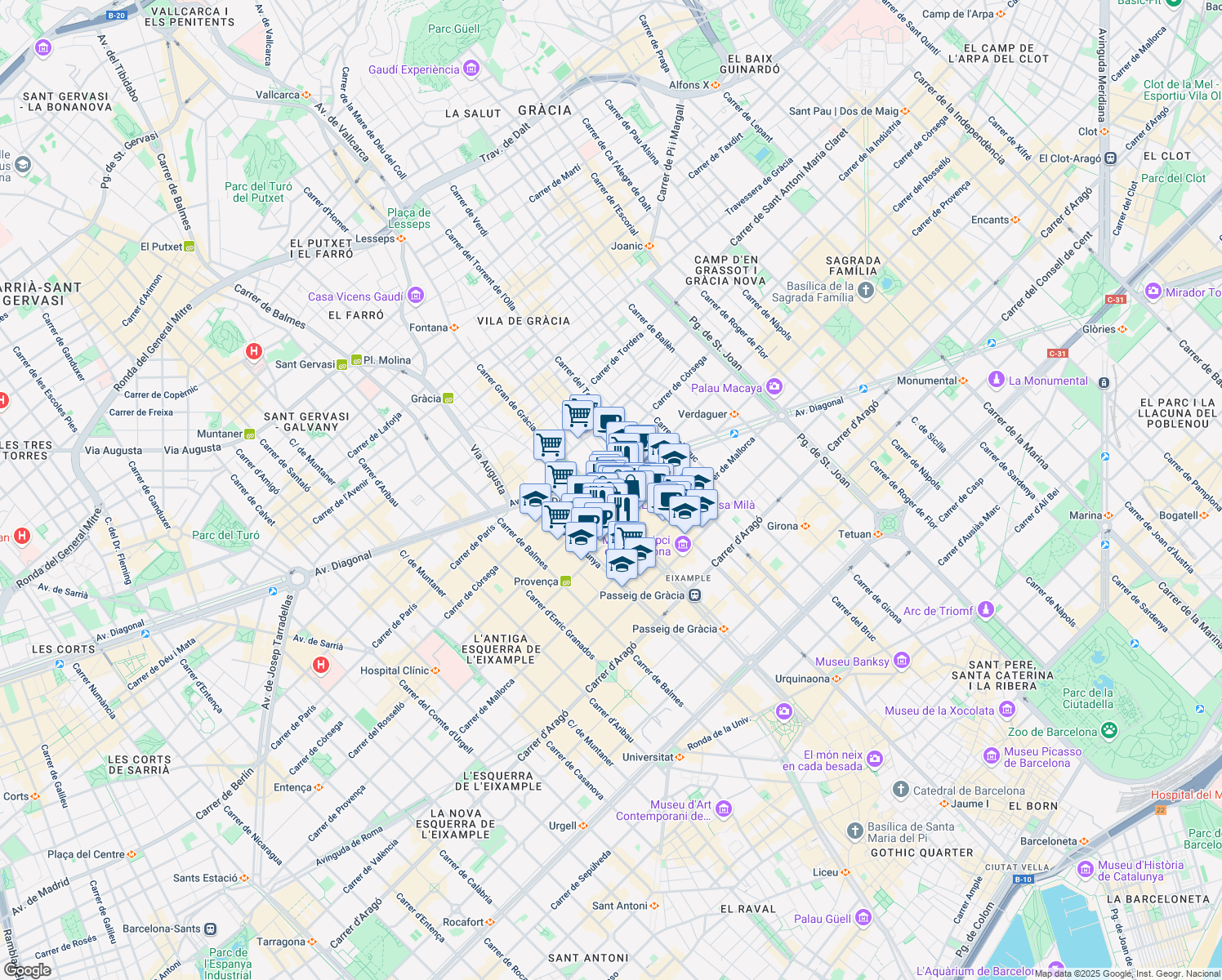 map of restaurants, bars, coffee shops, grocery stores, and more near 265 Carrer del Rosselló in Barcelona