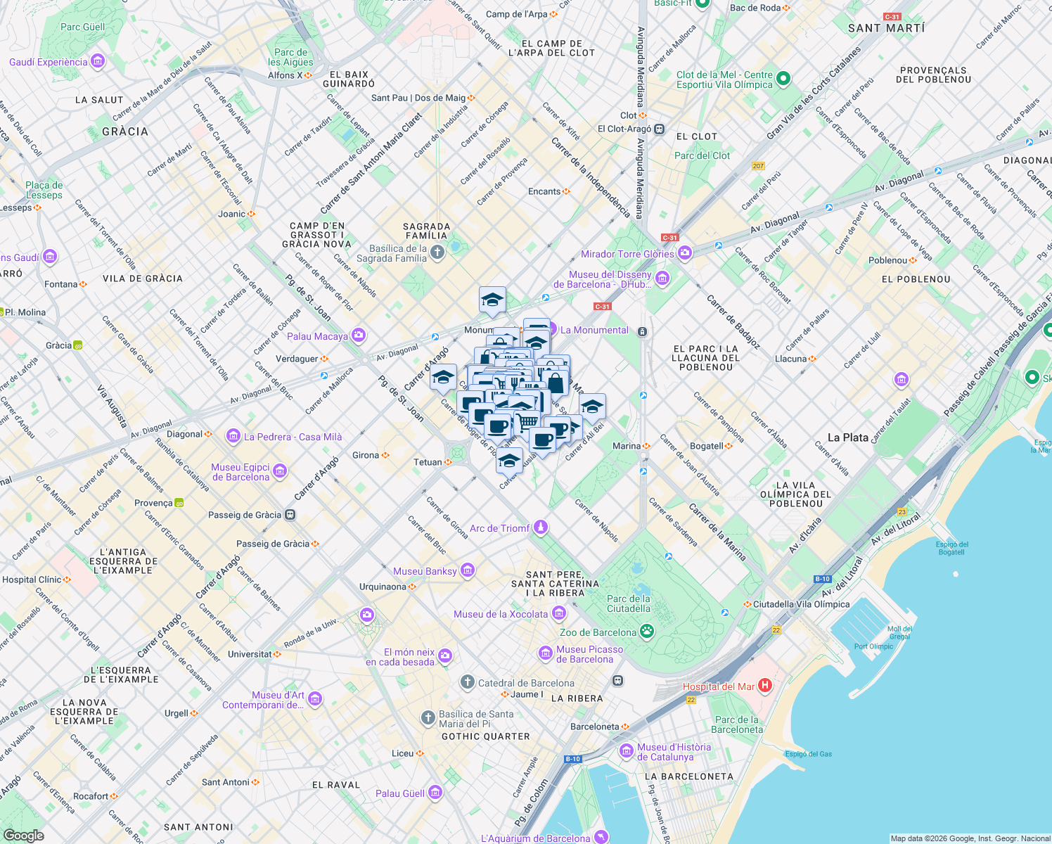 map of restaurants, bars, coffee shops, grocery stores, and more near 113 Carrer de Casp in Barcelona