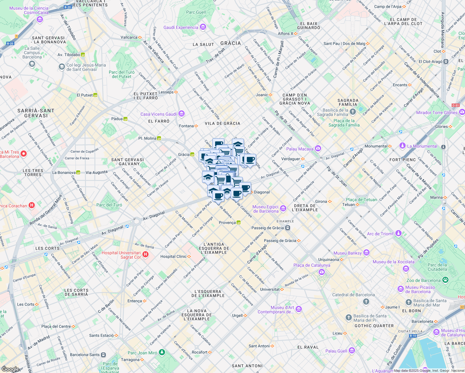 map of restaurants, bars, coffee shops, grocery stores, and more near 452 Avinguda Diagonal in Barcelona