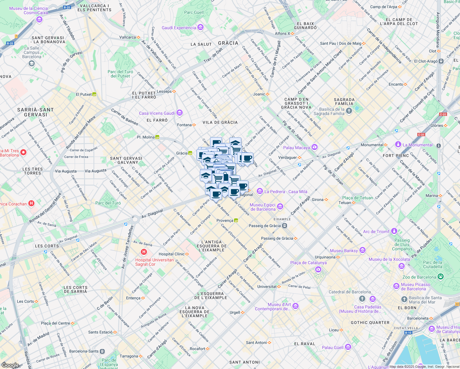 map of restaurants, bars, coffee shops, grocery stores, and more near 452 Avinguda Diagonal in Barcelona