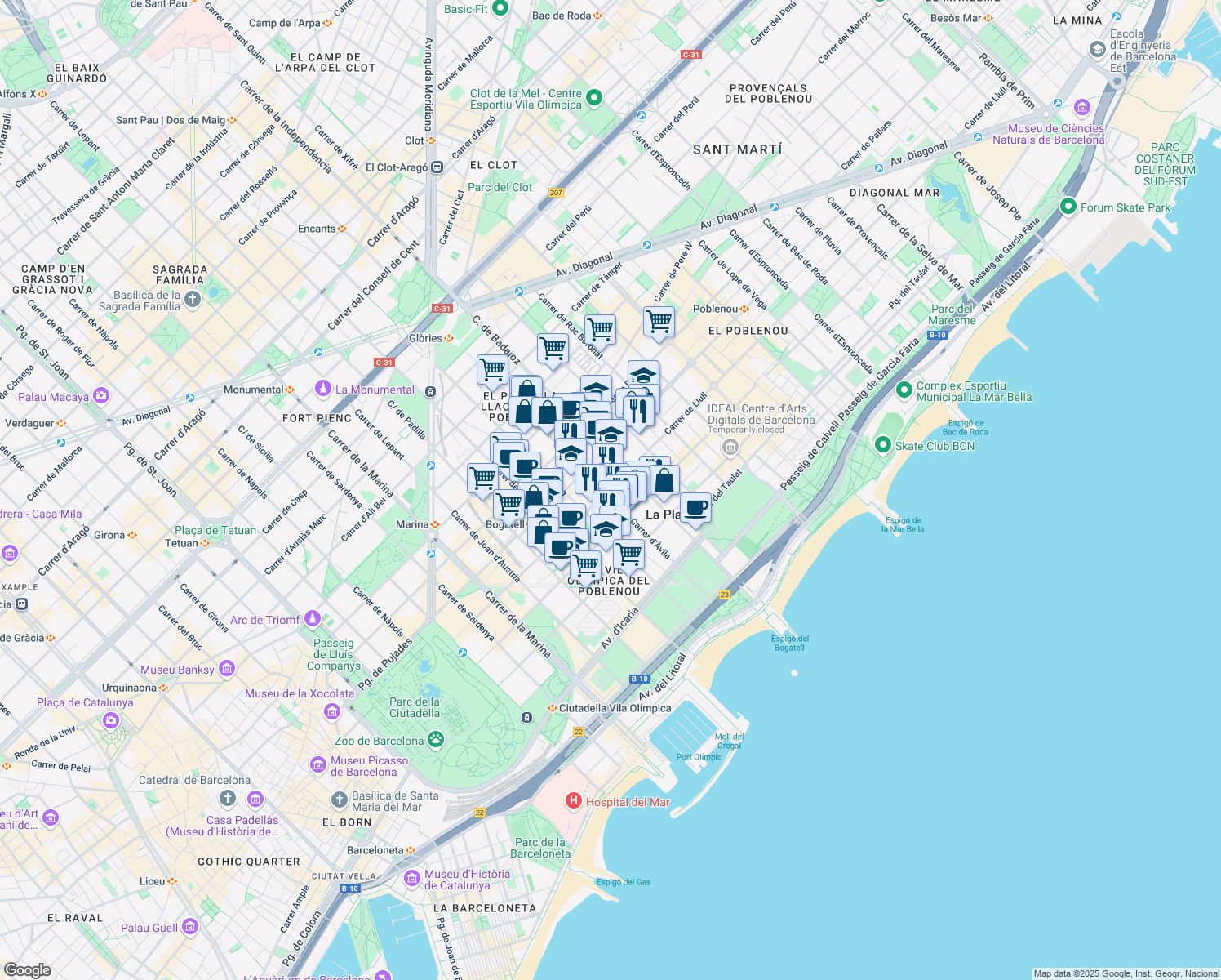 map of restaurants, bars, coffee shops, grocery stores, and more near 104 Carrer de Llull in Barcelona