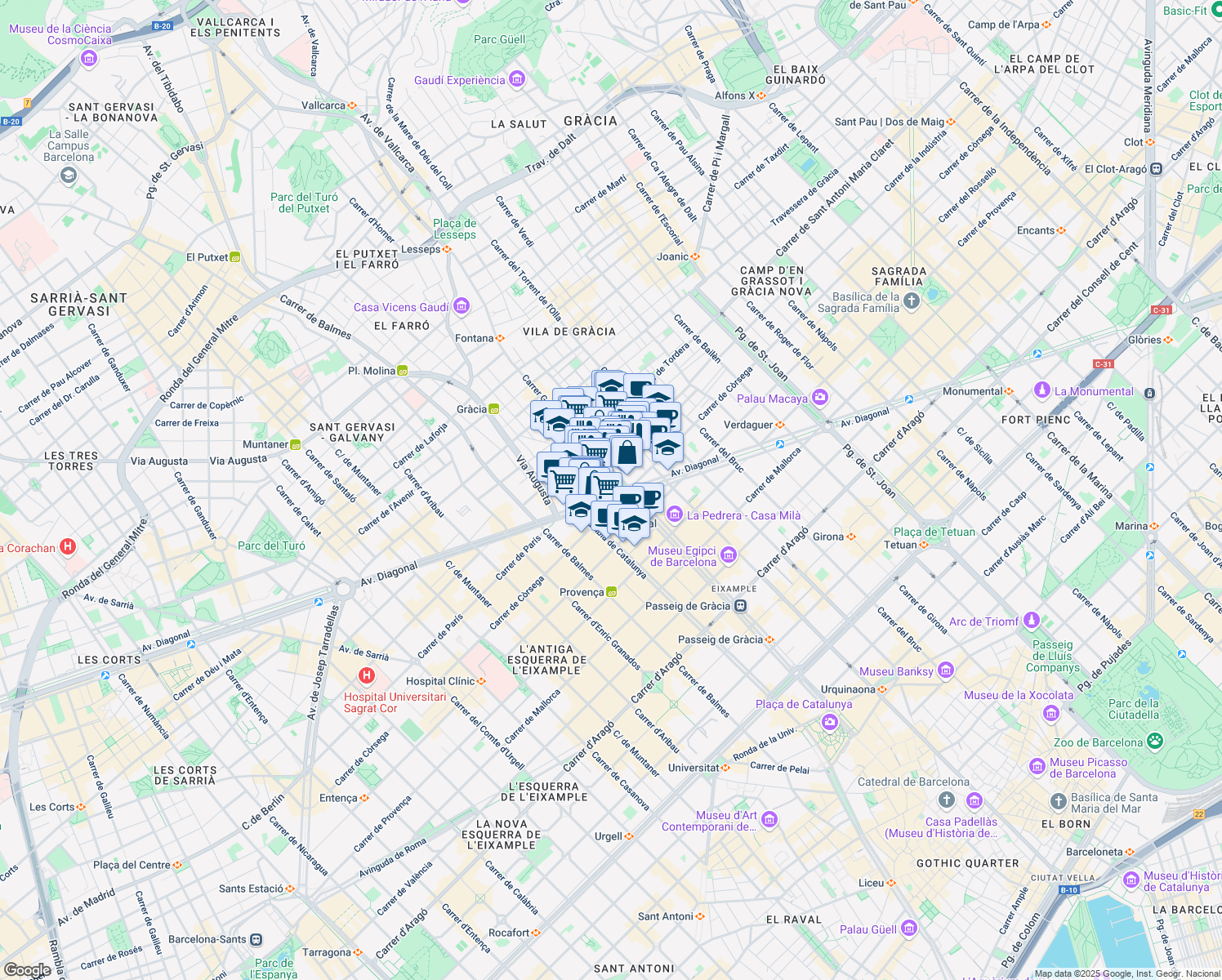 map of restaurants, bars, coffee shops, grocery stores, and more near 109 Passeig de Gràcia in Barcelona