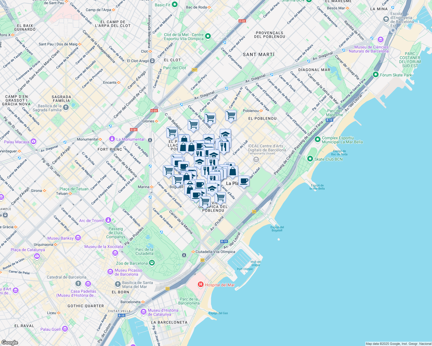 map of restaurants, bars, coffee shops, grocery stores, and more near 112 Carrer de Llull in Barcelona