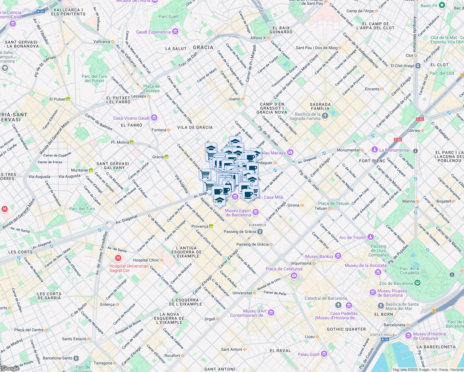 map of restaurants, bars, coffee shops, grocery stores, and more near 371 Avinguda Diagonal in Barcelona