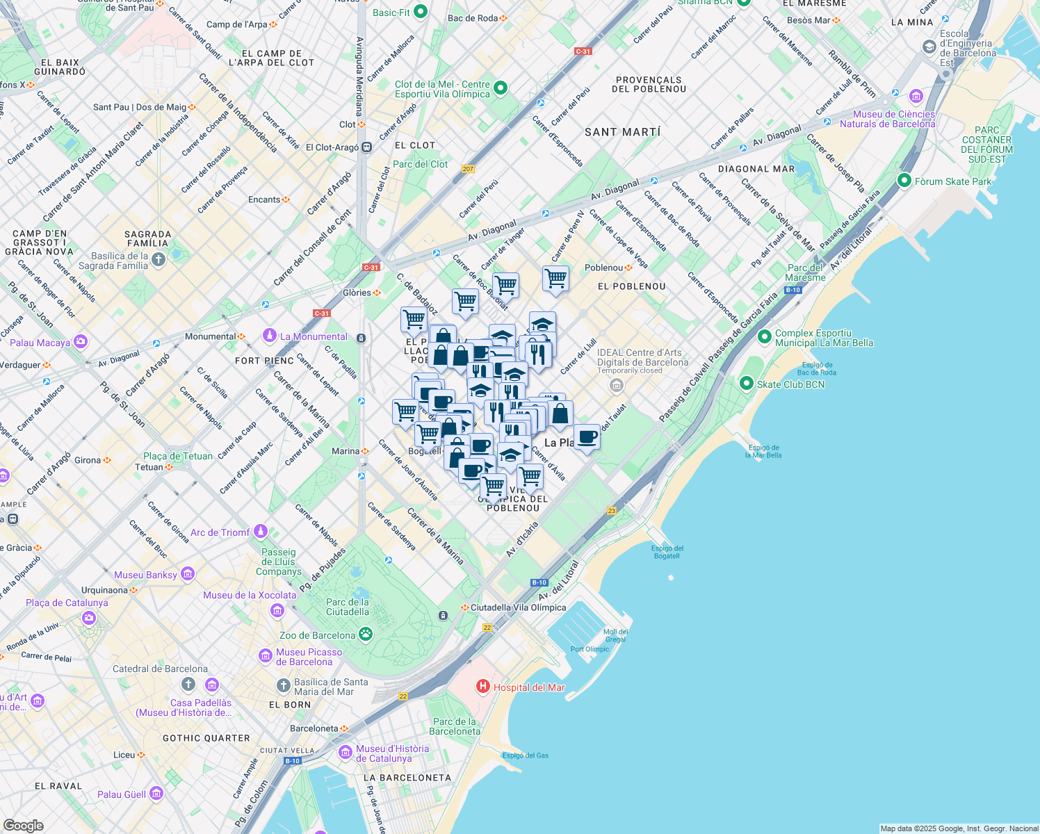map of restaurants, bars, coffee shops, grocery stores, and more near 112 Carrer de Llull in Barcelona