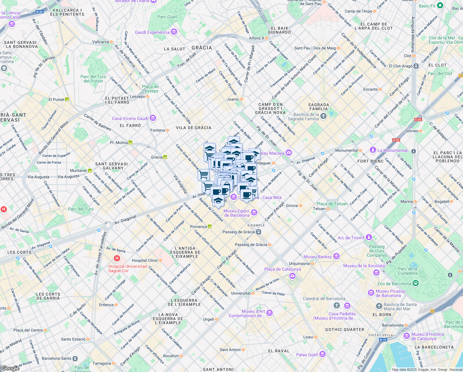 map of restaurants, bars, coffee shops, grocery stores, and more near 371 Avinguda Diagonal in Barcelona