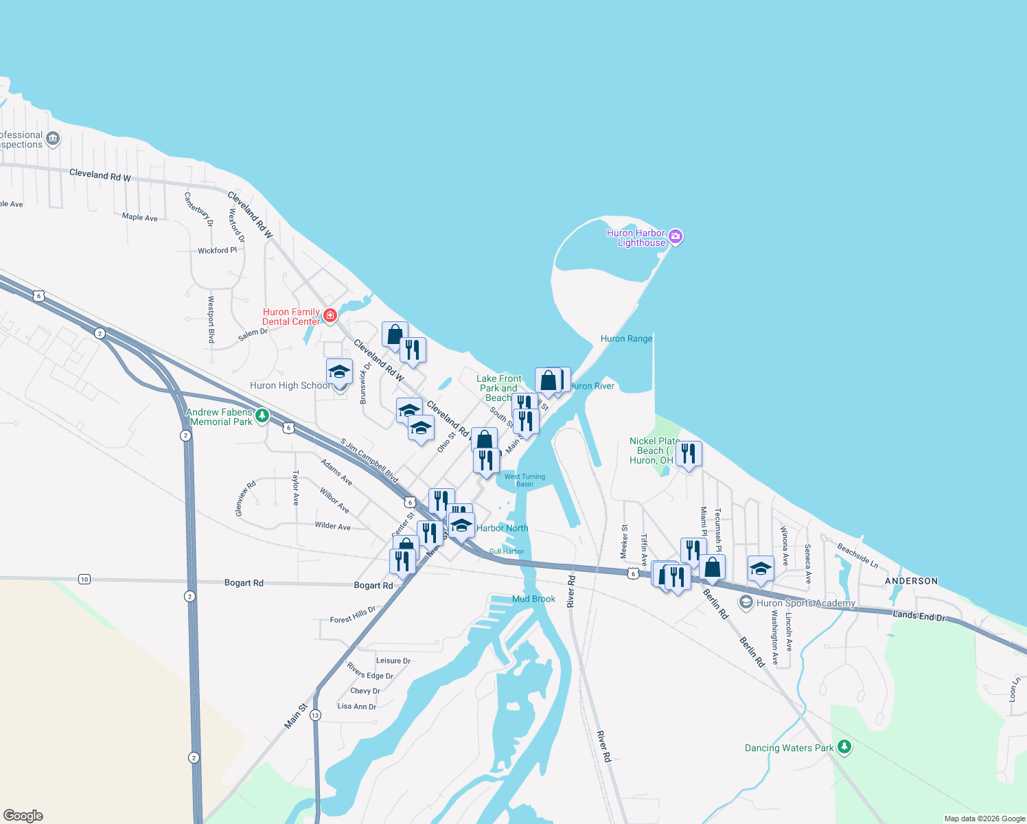 map of restaurants, bars, coffee shops, grocery stores, and more near 123 Williams Street in Huron