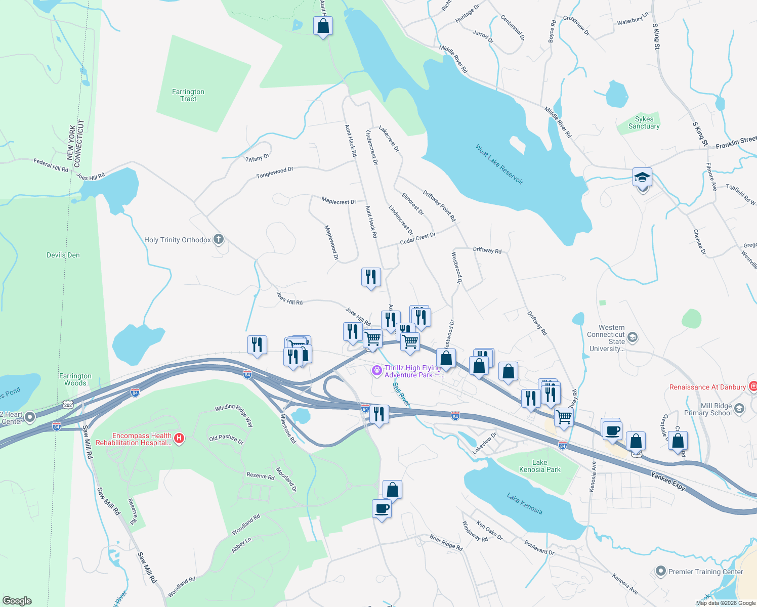 map of restaurants, bars, coffee shops, grocery stores, and more near 4 Canterbury Court in Danbury