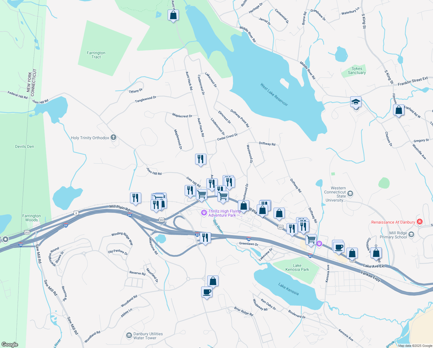 map of restaurants, bars, coffee shops, grocery stores, and more near 13 Aunt Hack Rd in Danbury