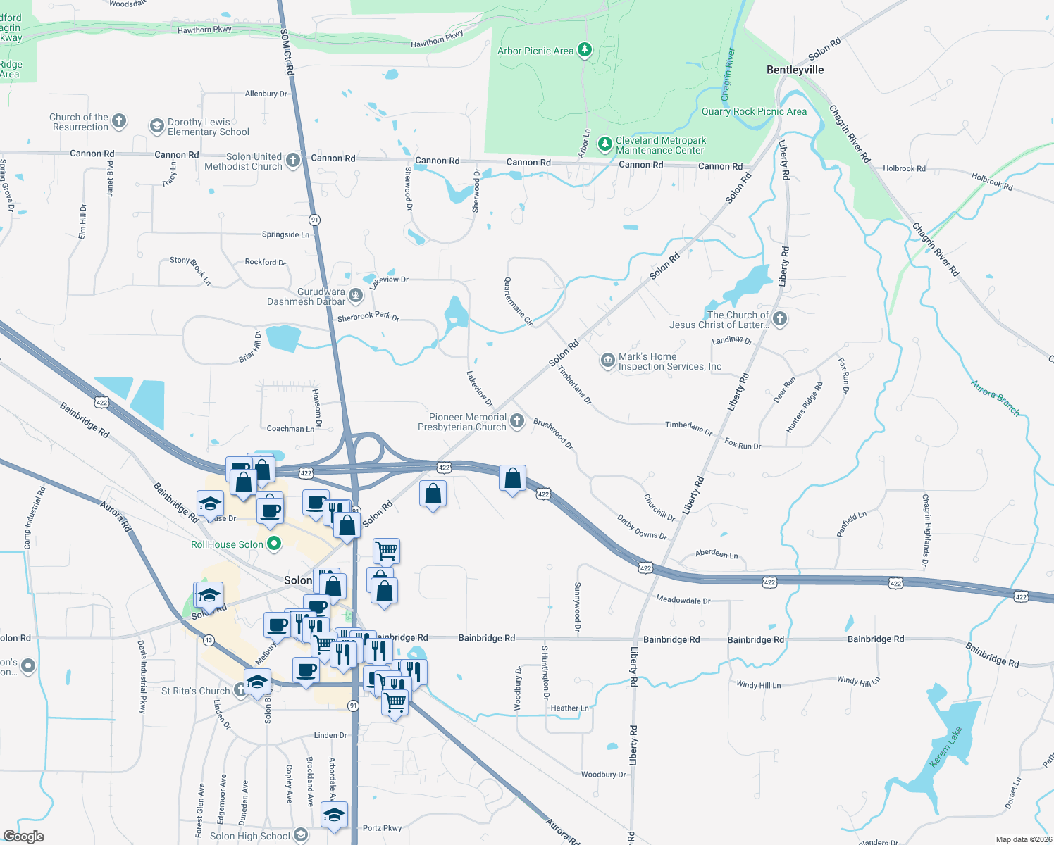 map of restaurants, bars, coffee shops, grocery stores, and more near 35640 Brushwood Dr in Solon