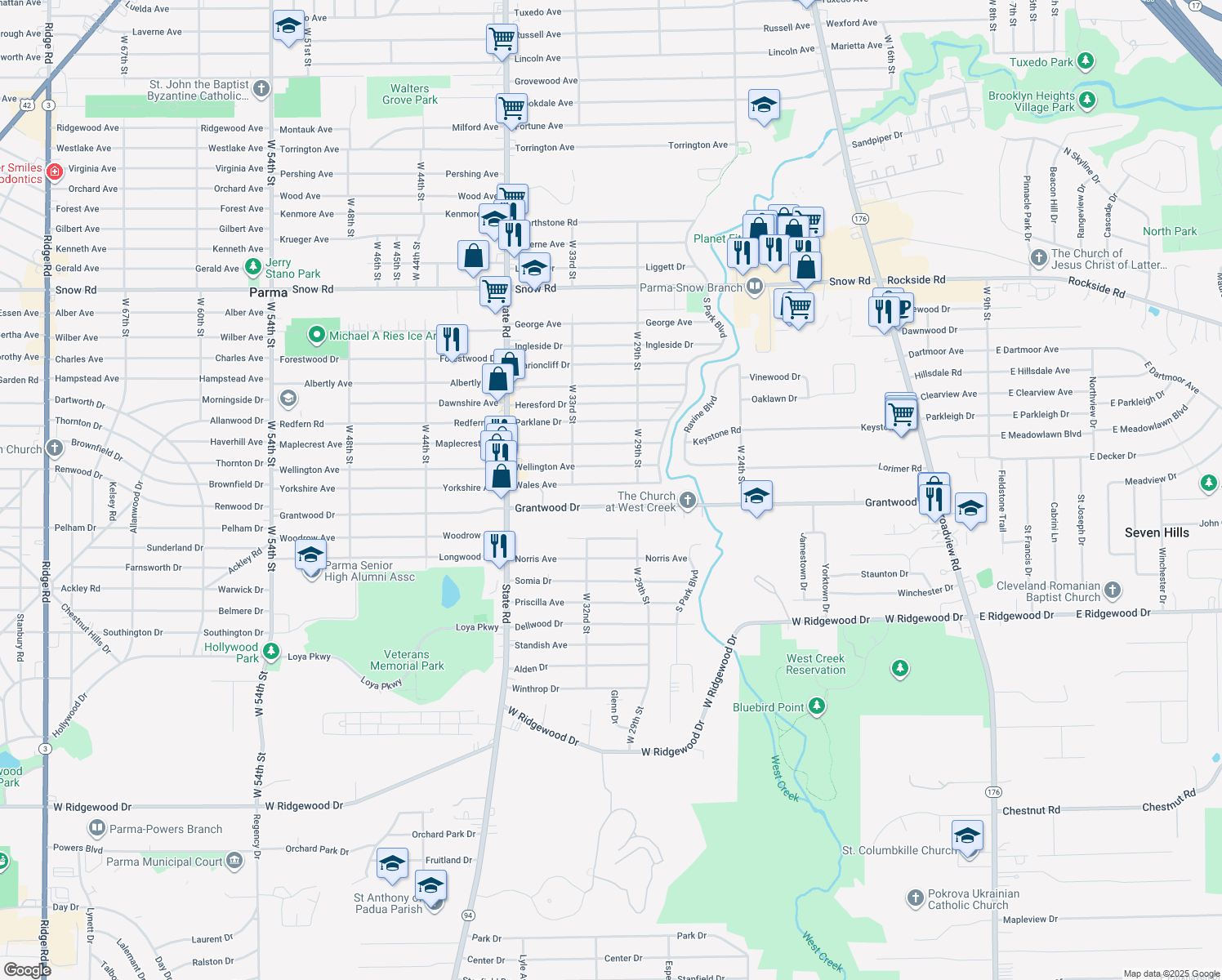 map of restaurants, bars, coffee shops, grocery stores, and more near 3009 Wales Ave in Parma