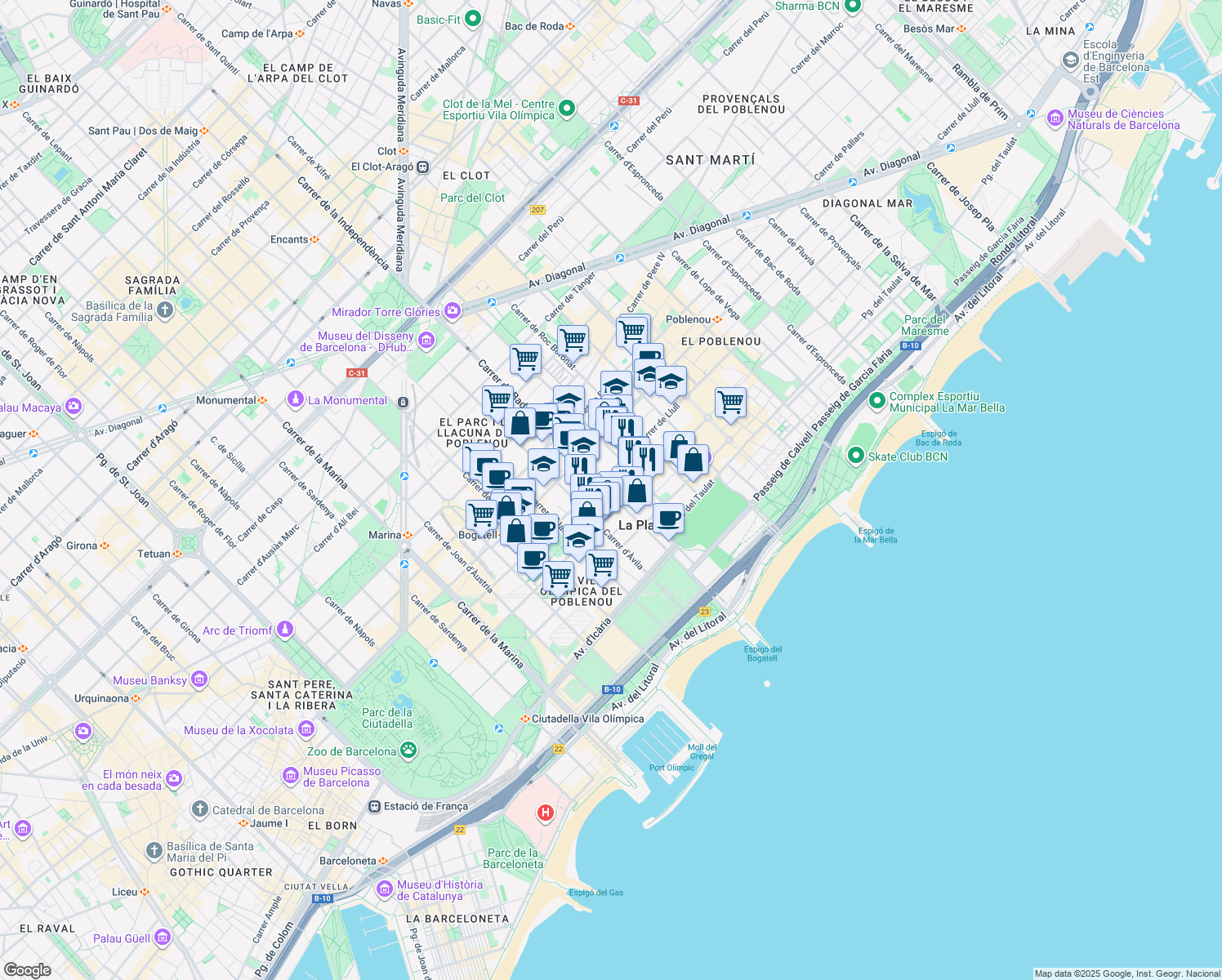 map of restaurants, bars, coffee shops, grocery stores, and more near 58 Carrer de Badajoz in Barcelona